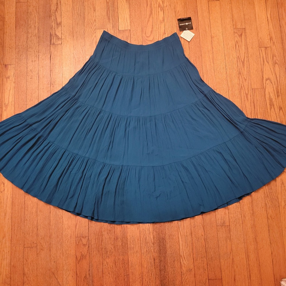 Sag Harbor M Maxi Skirt Teal Blue Tiered Rayon‎ Boho Modest Coastal Peasant
